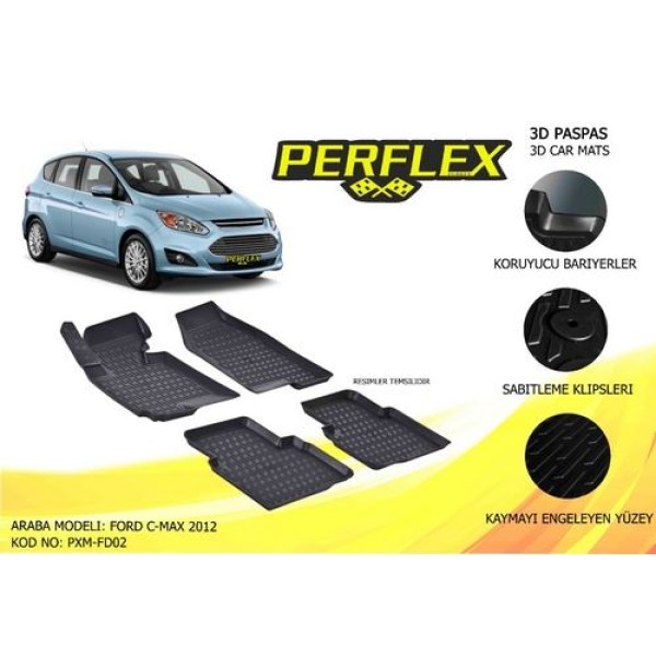 PERFLEX PXM-FD02 Perflex 3D X-Mat Havuzlu Paspas Çeşitleri Siyah Ford C-Max 2012-2017 3D X-Mat 5 Pcs 