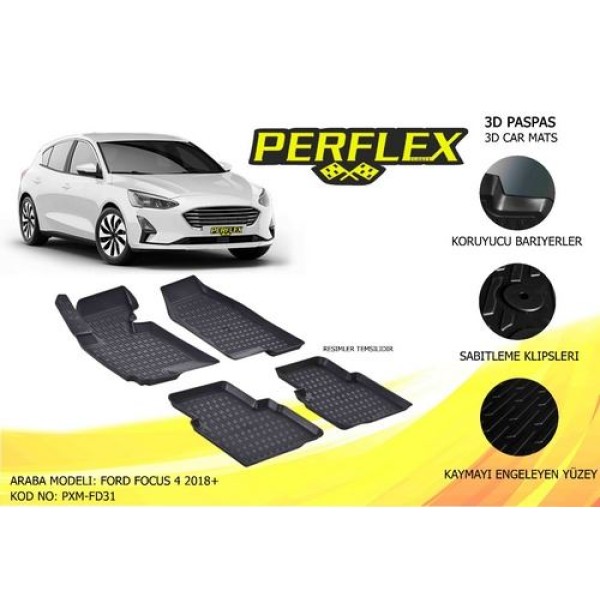 PERFLEX PXM-FD31 Perflex 3D X-Mat Havuzlu Paspas Çeşitleri Siyah Ford Focus 4 Sd 2018 3D X-Mat 5 Pcs 