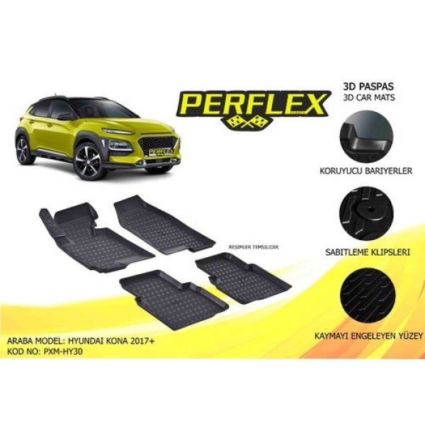 PERFLEX PXM-HY30 Perflex 3D X-Mat Havuzlu Paspas Çeşitleri Siyah Hyundai Kona 2017 3D X-Mat 5 Pcs