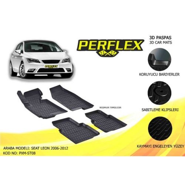 PERFLEX PXM-ST08 Perflex 3D X-Mat Havuzlu Paspas Çeşitleri Siyah Seat Leon 2006-2012 3D X-Mat 5 Pcs 