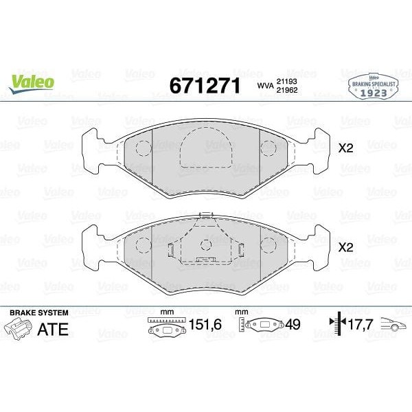 VALEO 671271 Ön Disk Fren Balatası Fiat Elba Csl 1.4/1.6 06/92 - 08/97 Fiat Fiorino 1.4/1.6/1.7D 01/88 - 05/01 
