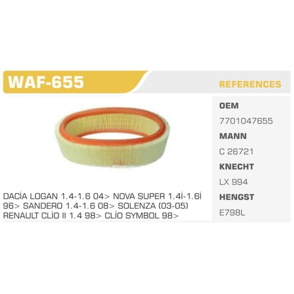 WINKEL WAF-655 Hava Filtresi CLIO II Symbol Kangoo Megane I / Logan Sandero 1.4 8V E7J K7J
