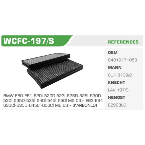 Winkel WCFC-197S Polen Filtresi BMW 5 E60 E61 E63 E64 03> Karbonlu Koli 20 Ad. 