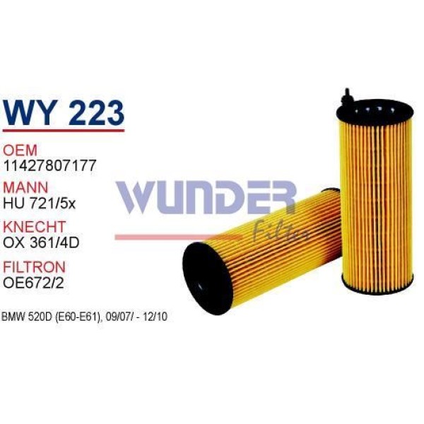 WUNDER WY223 YAĞ FİLTRESİ - BMW 520 d (E60-E61), 09/07-12/10 N47 
